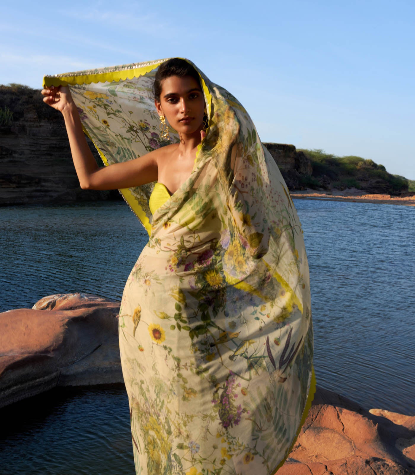 BEIGE PRINTED SCALLOP BORDER SAREE SET