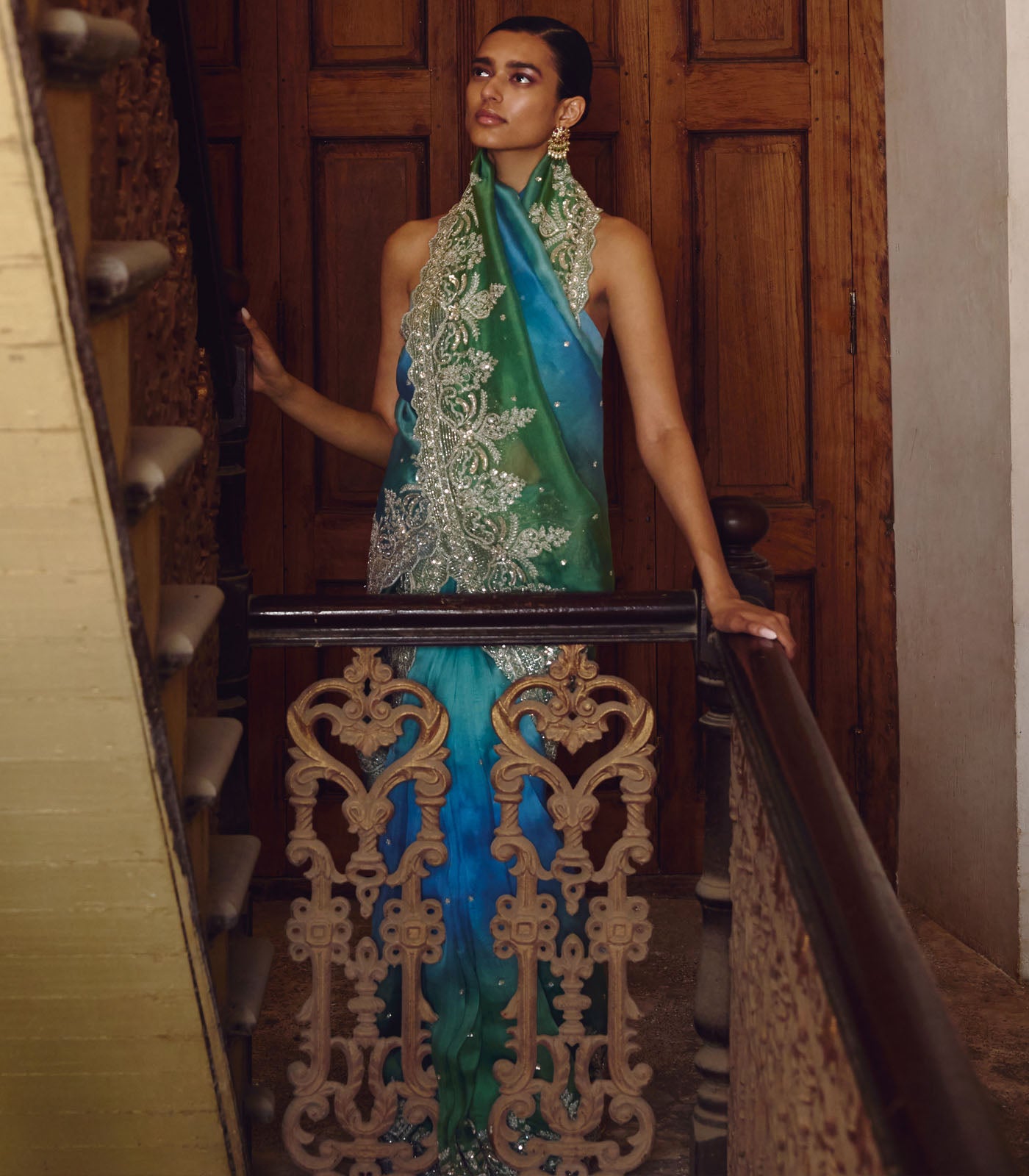 BLUE GREEN OMBRE SHAR SAREE SET