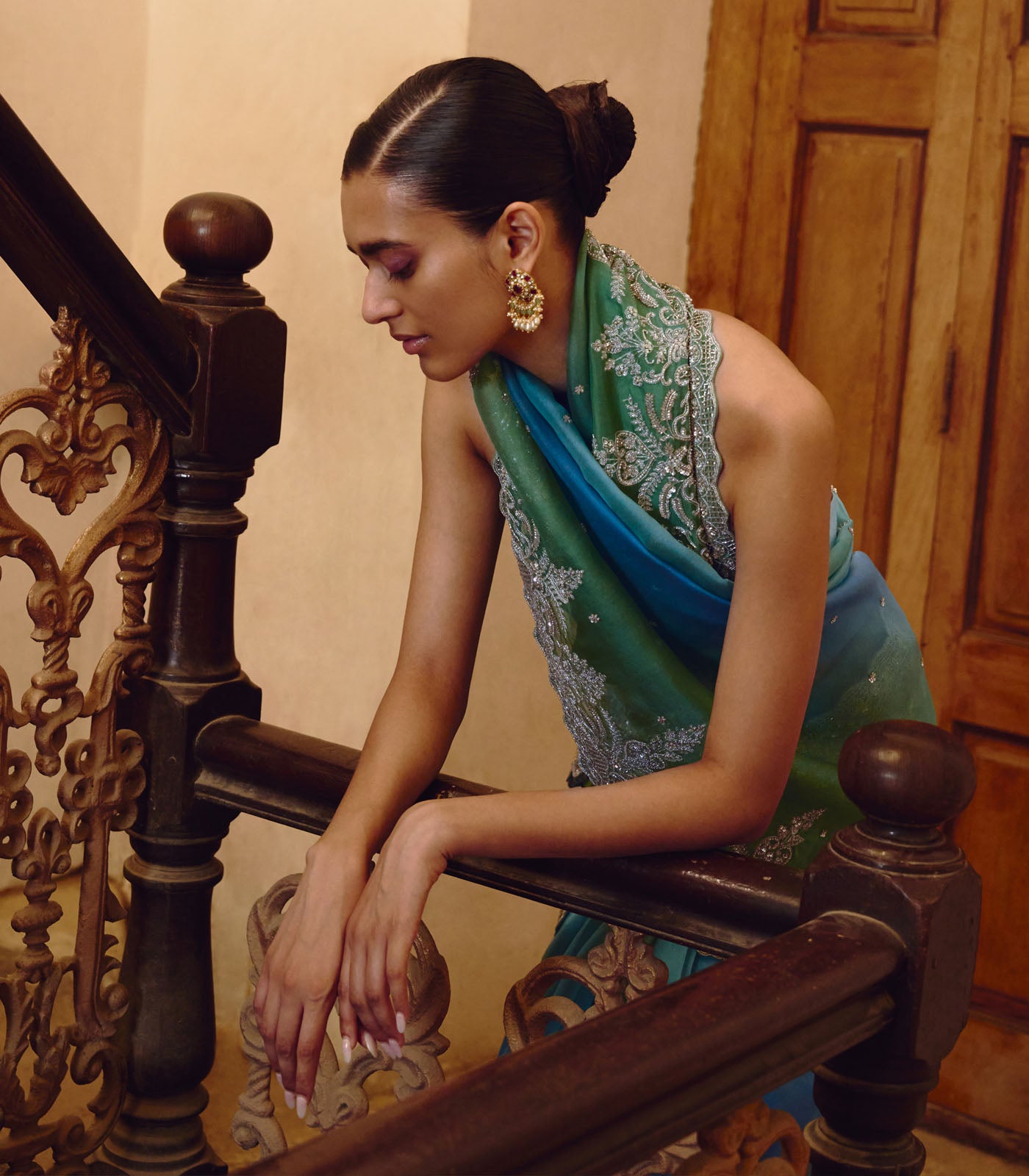 BLUE GREEN OMBRE SHAR SAREE SET