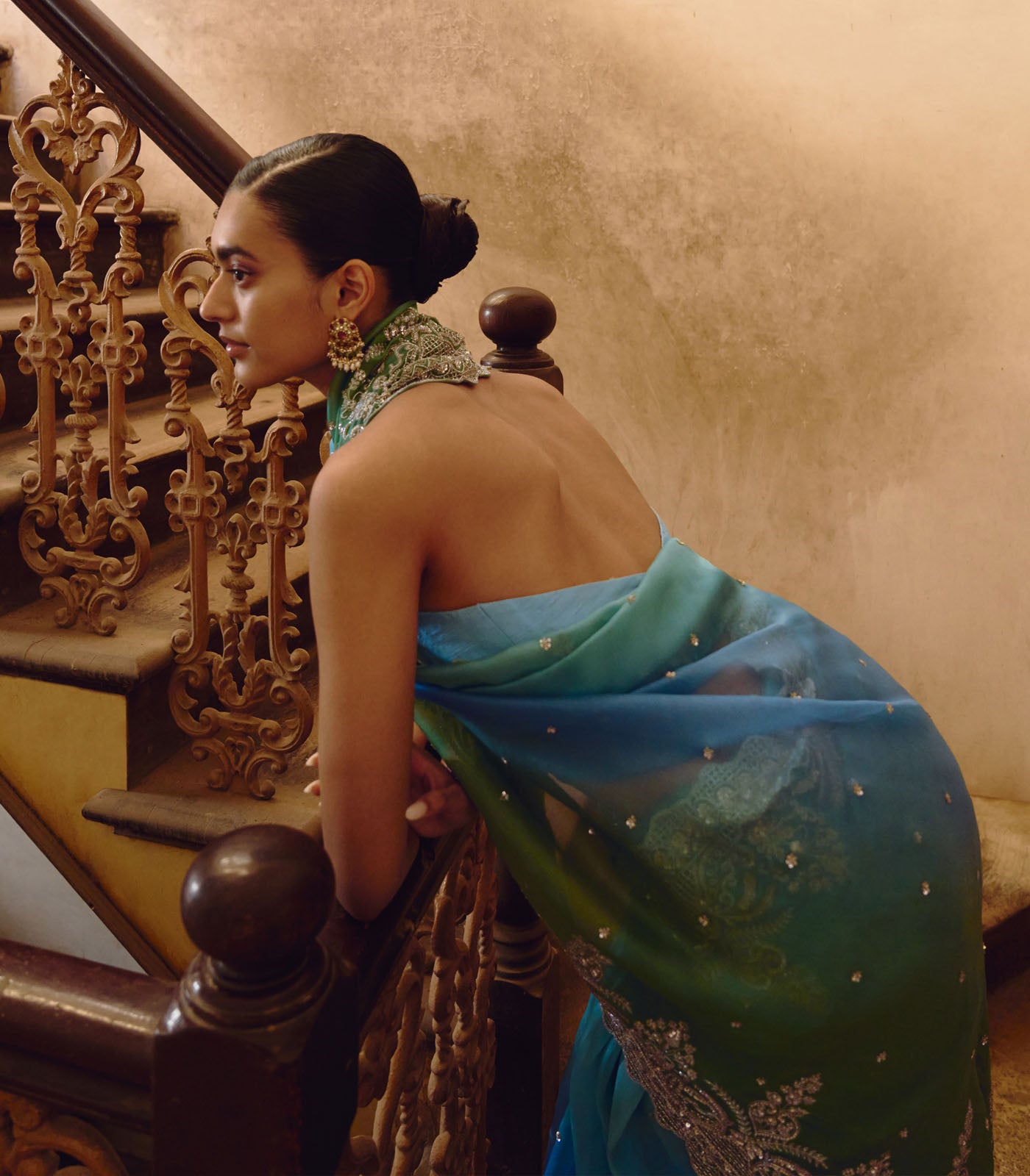 BLUE GREEN OMBRE SHAR SAREE SET