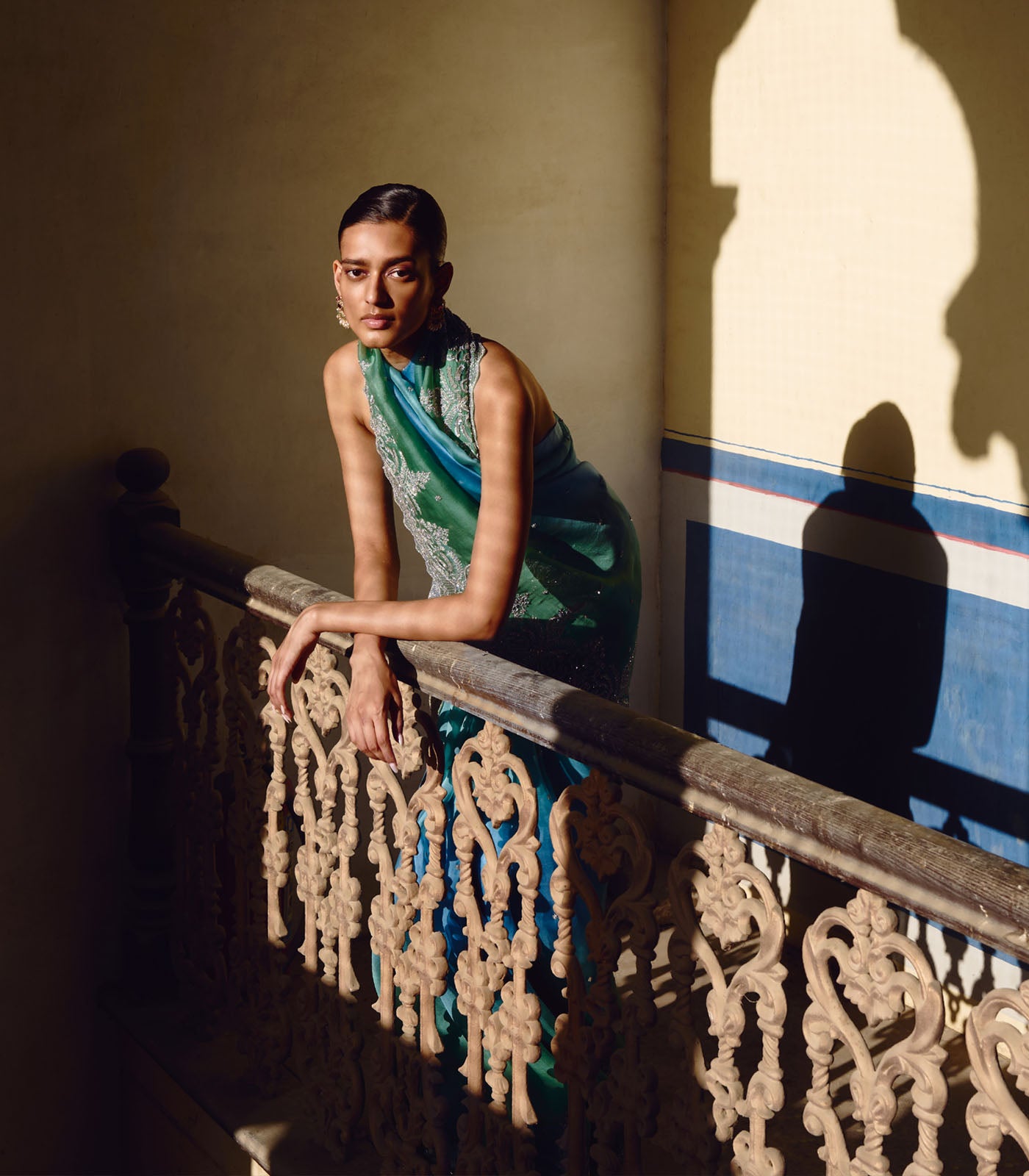 BLUE GREEN OMBRE SHAR SAREE SET