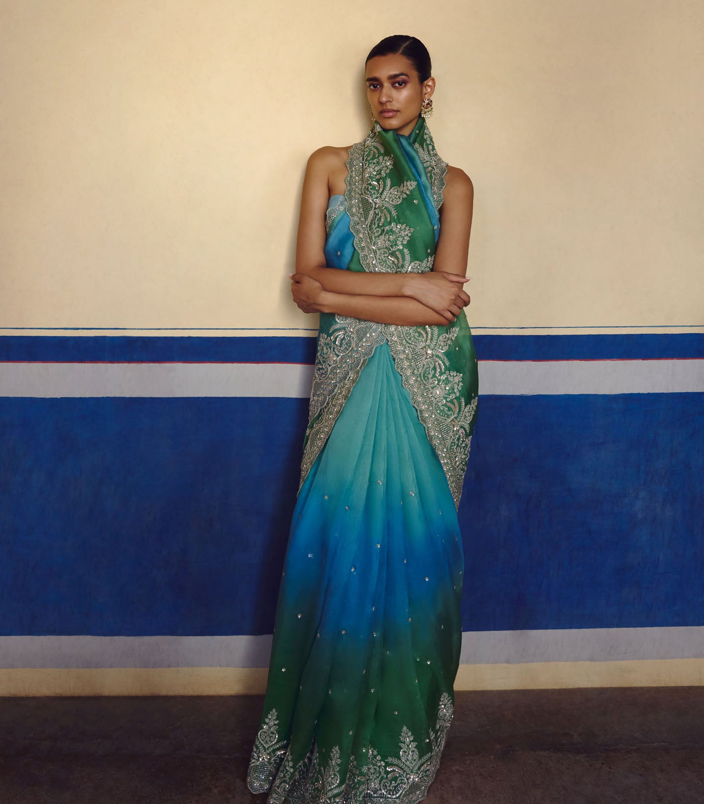 BLUE GREEN OMBRE SHAR SAREE SET