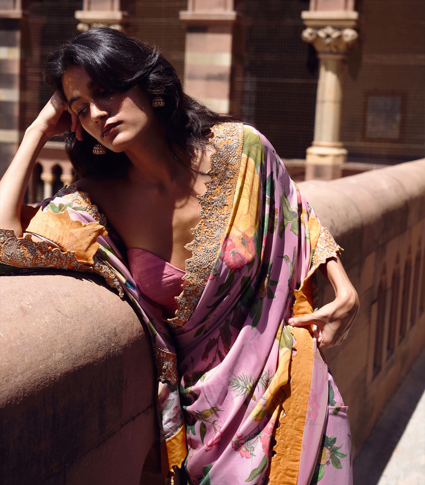 DUSTY PINK PRINTED, ZARDOZI BORDER SAREE SET