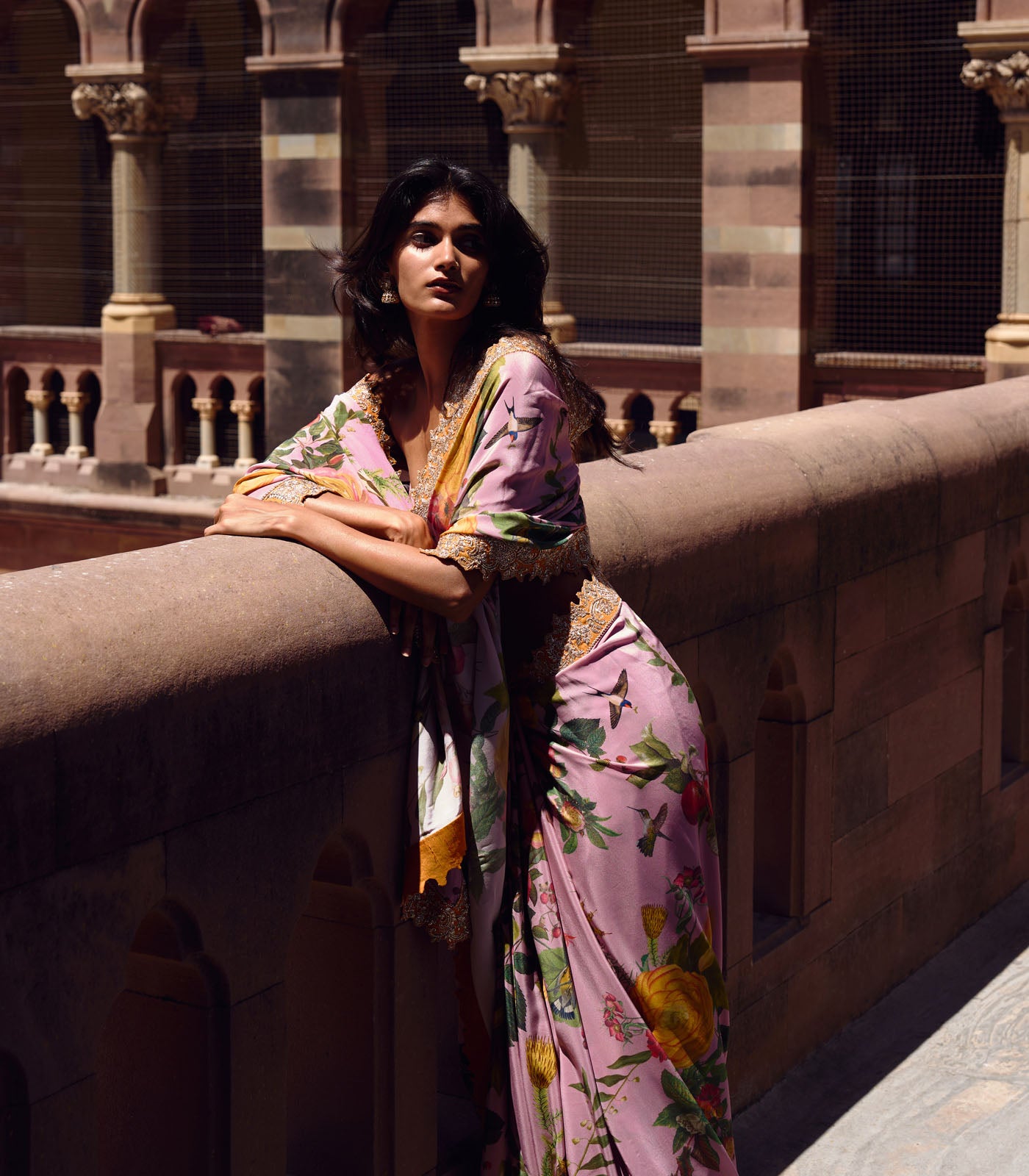 DUSTY PINK PRINTED, ZARDOZI BORDER SAREE SET