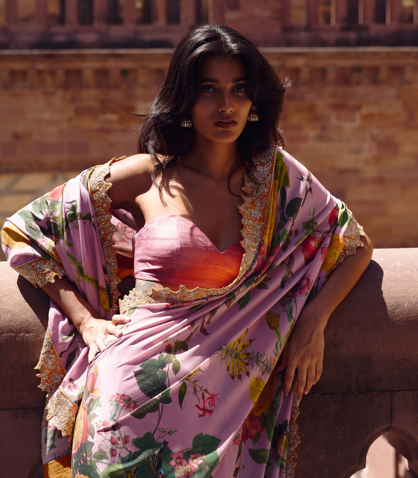 DUSTY PINK PRINTED, ZARDOZI BORDER SAREE SET