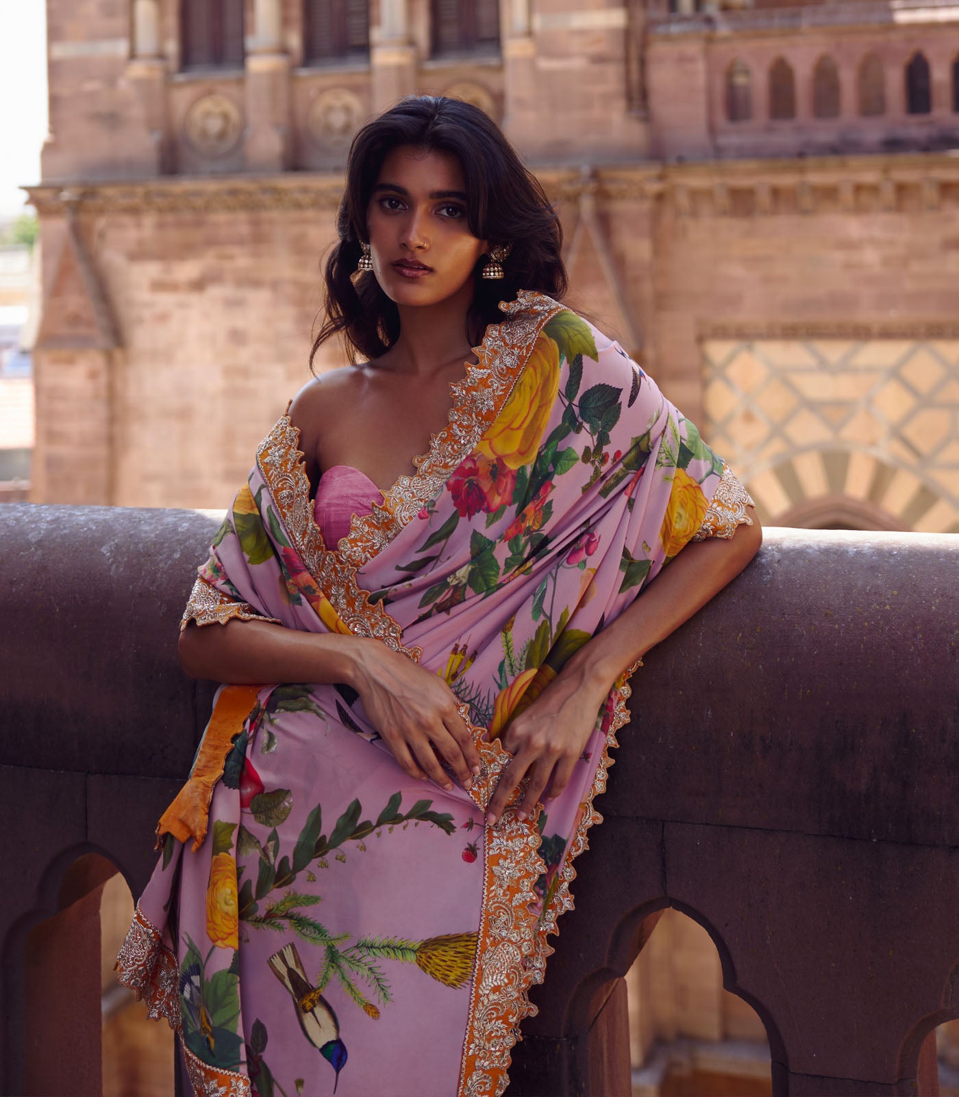 DUSTY PINK PRINTED, ZARDOZI BORDER SAREE SET