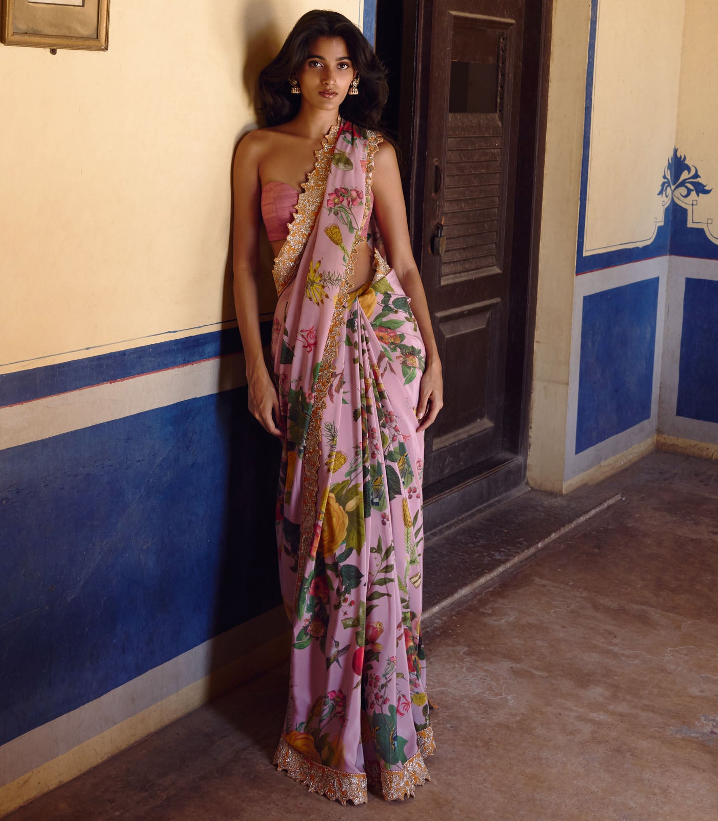 DUSTY PINK PRINTED, ZARDOZI BORDER SAREE SET
