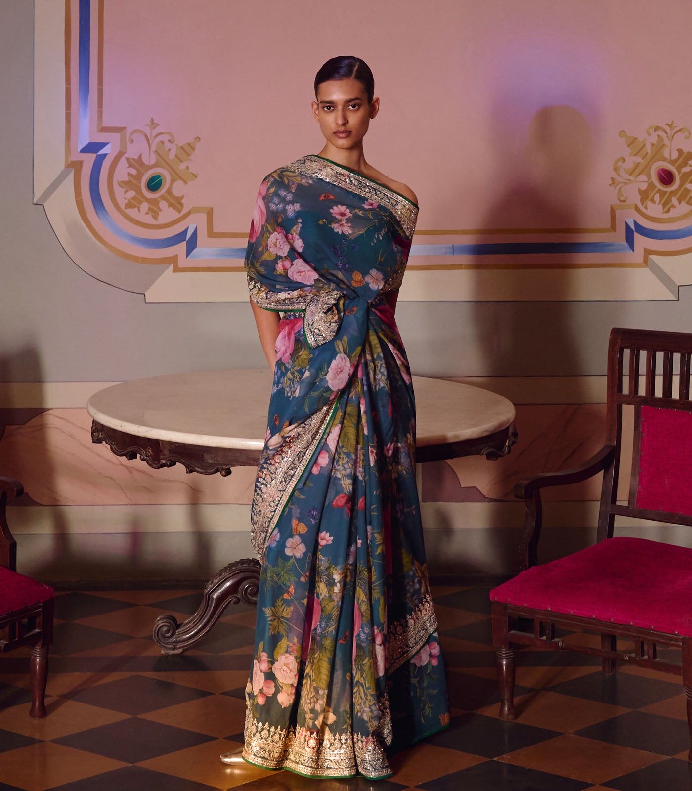 NAVY BLUE RUH PRINTED SAREE SET