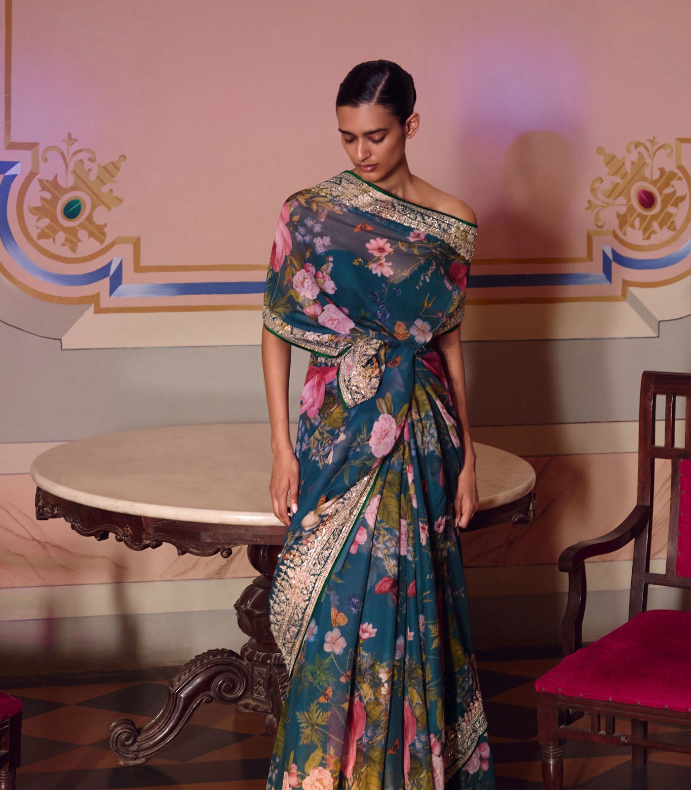 NAVY BLUE RUH PRINTED SAREE SET