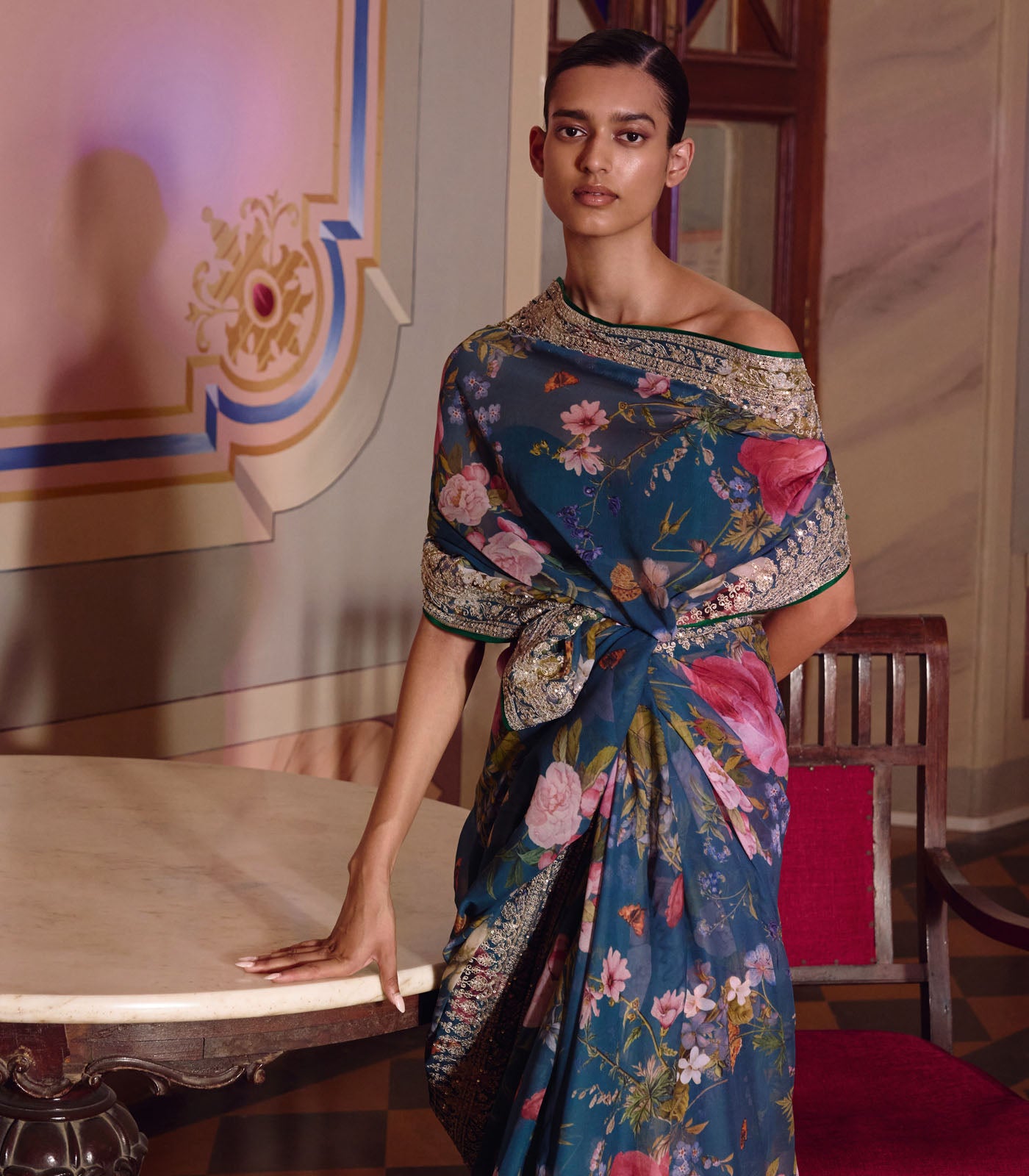 NAVY BLUE RUH PRINTED SAREE SET