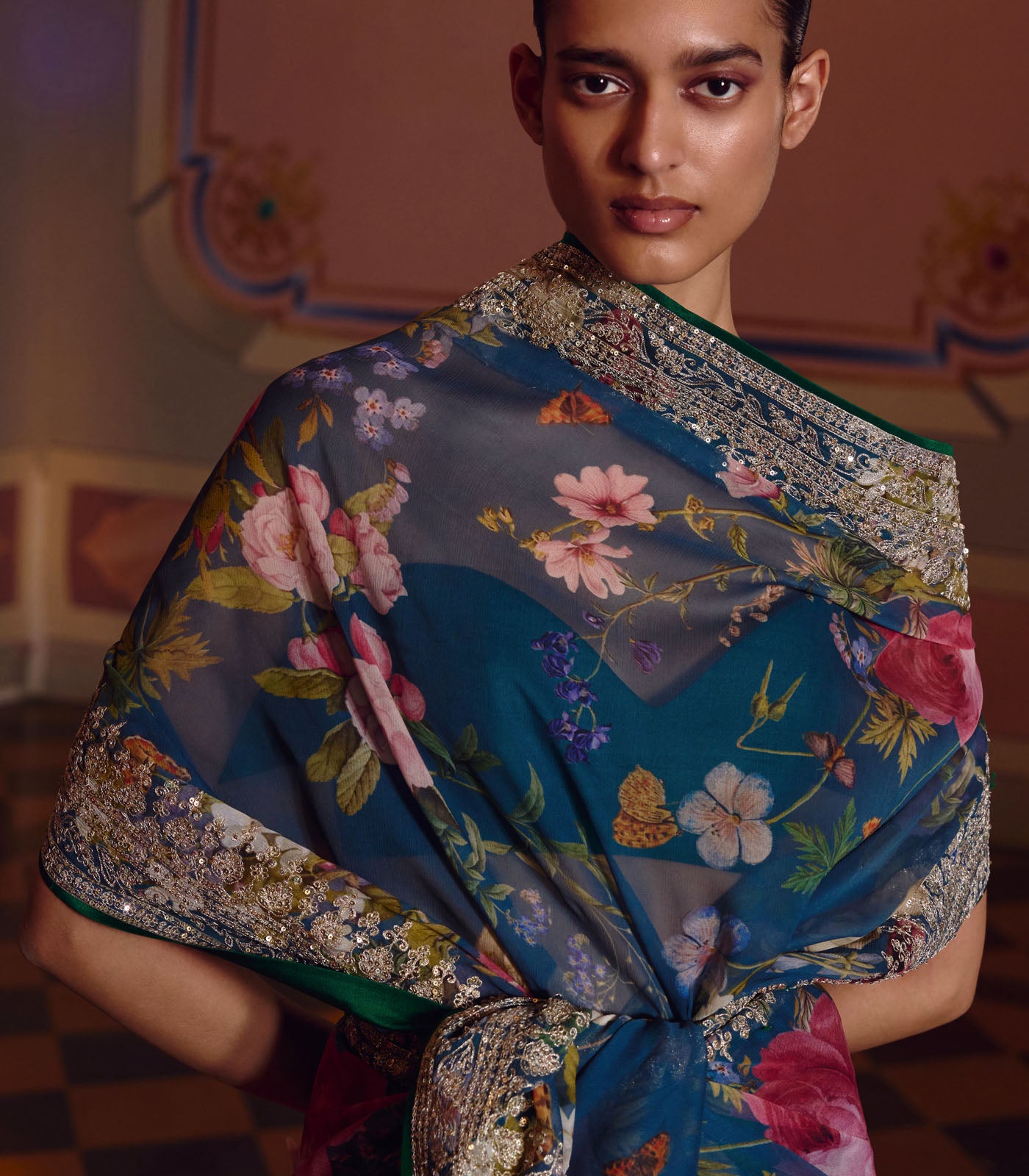 NAVY BLUE RUH PRINTED SAREE SET