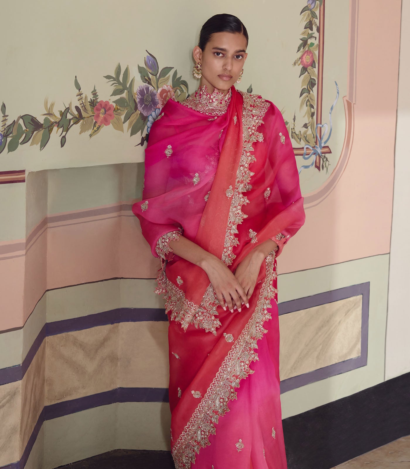 PINK TO RED OMBRE SHARMAINE SAREE SET