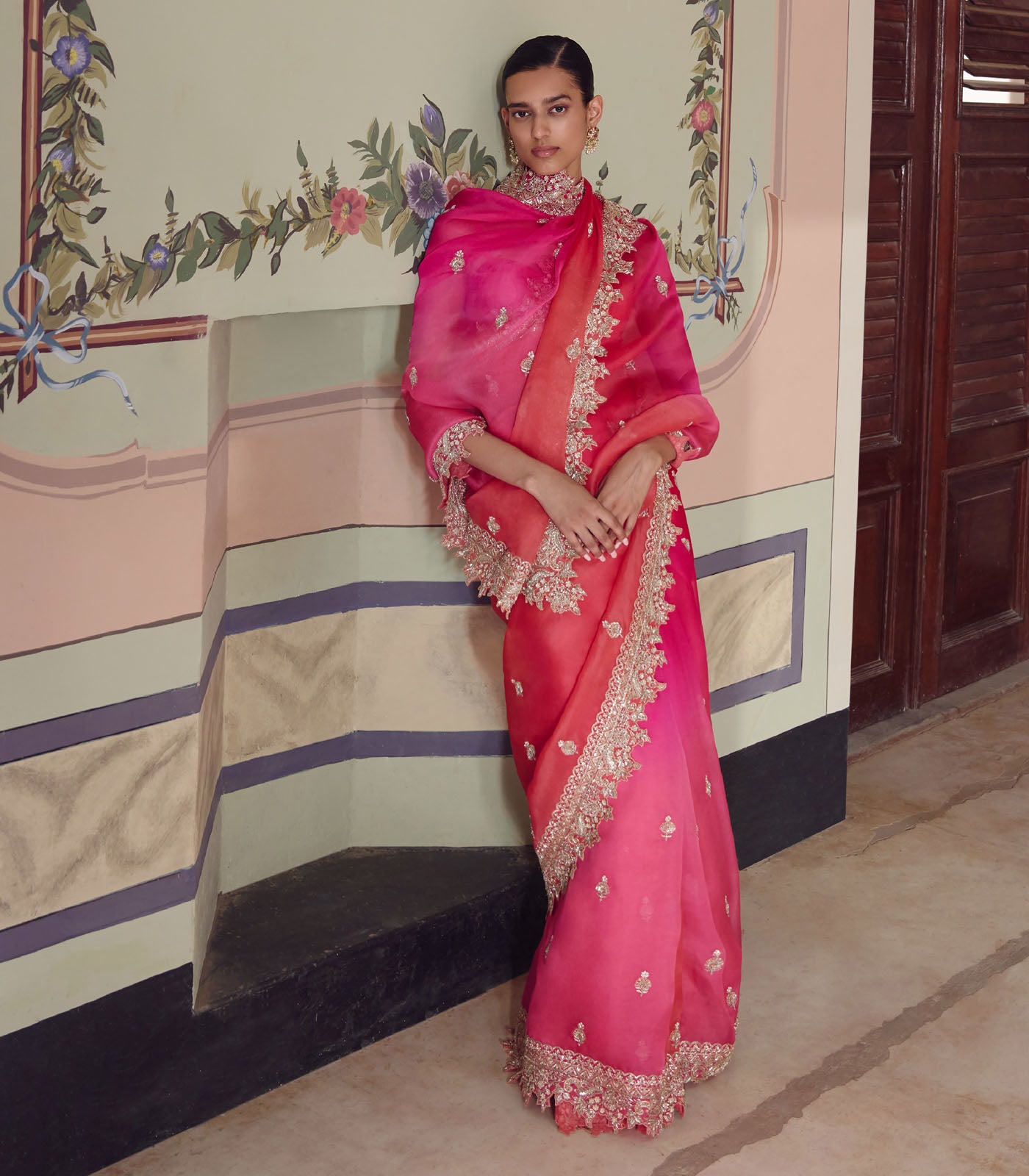 PINK TO RED OMBRE SHARMAINE SAREE SET