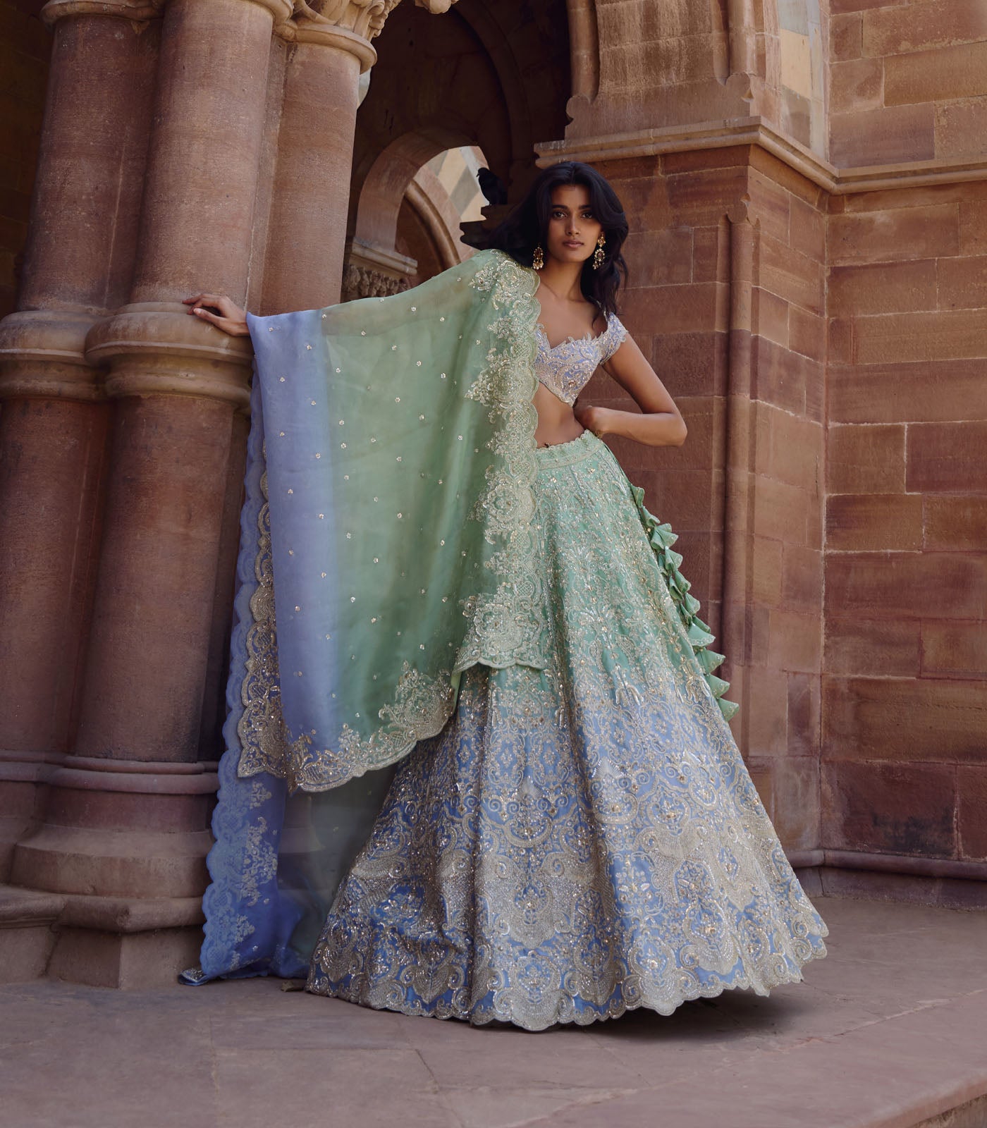 GREEN TO BLUE OMBRE SMITI LEHENGA SET