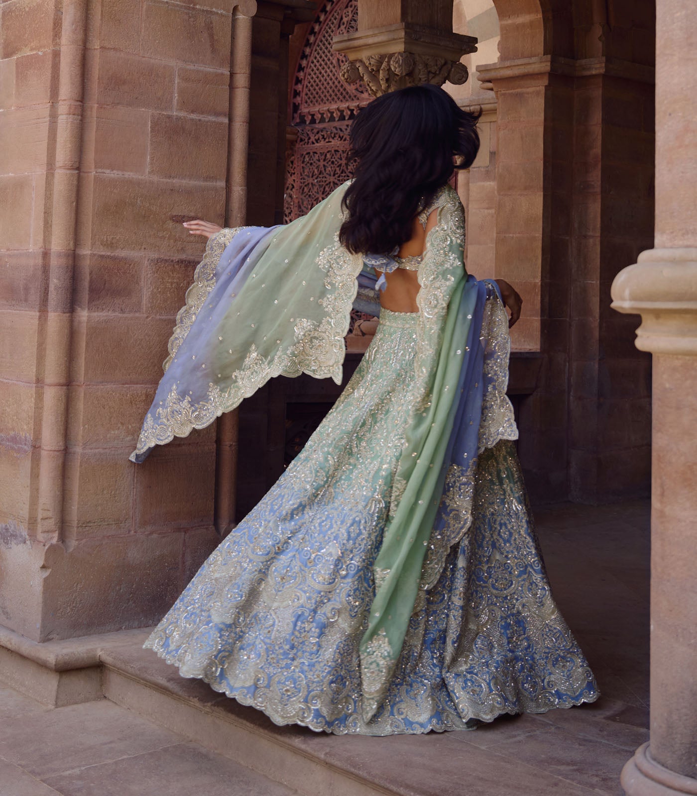 GREEN TO BLUE OMBRE SMITI LEHENGA SET