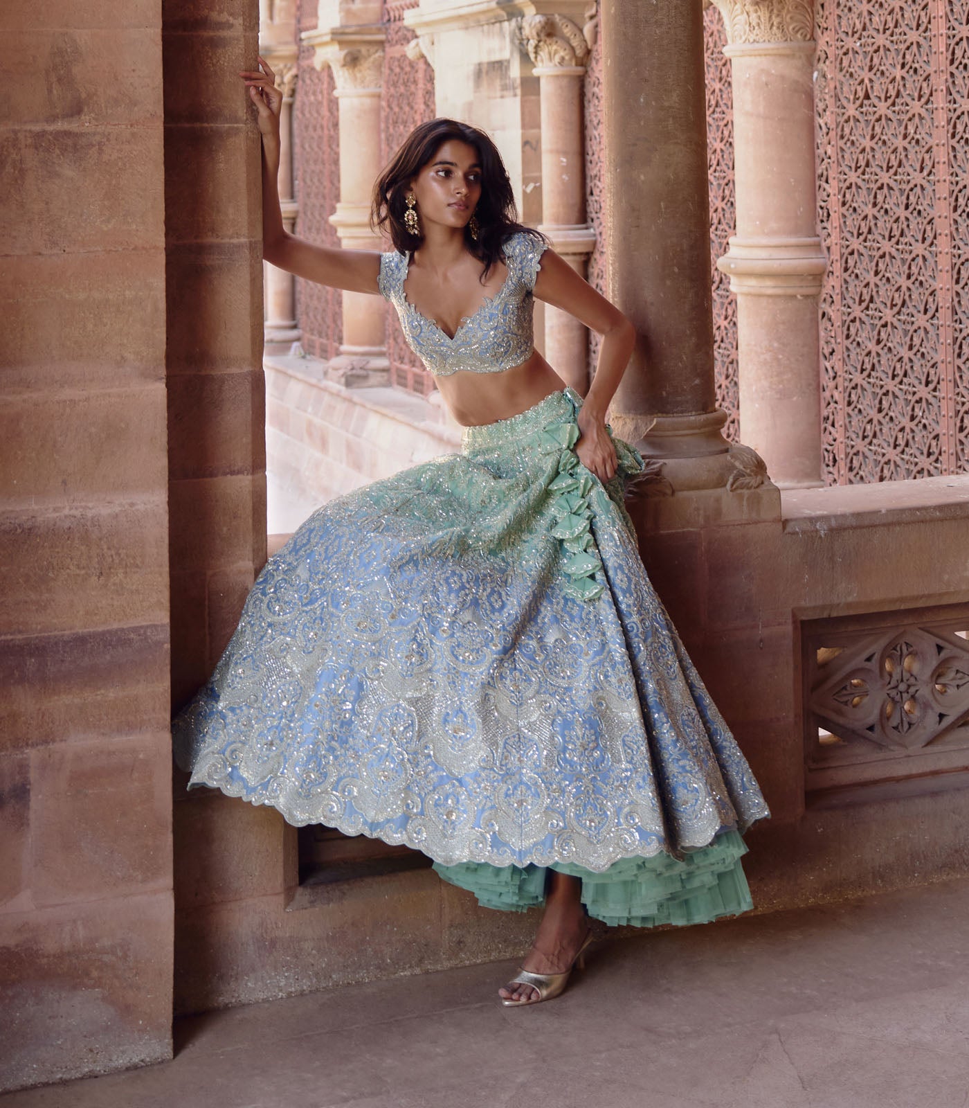 GREEN TO BLUE OMBRE SMITI LEHENGA SET