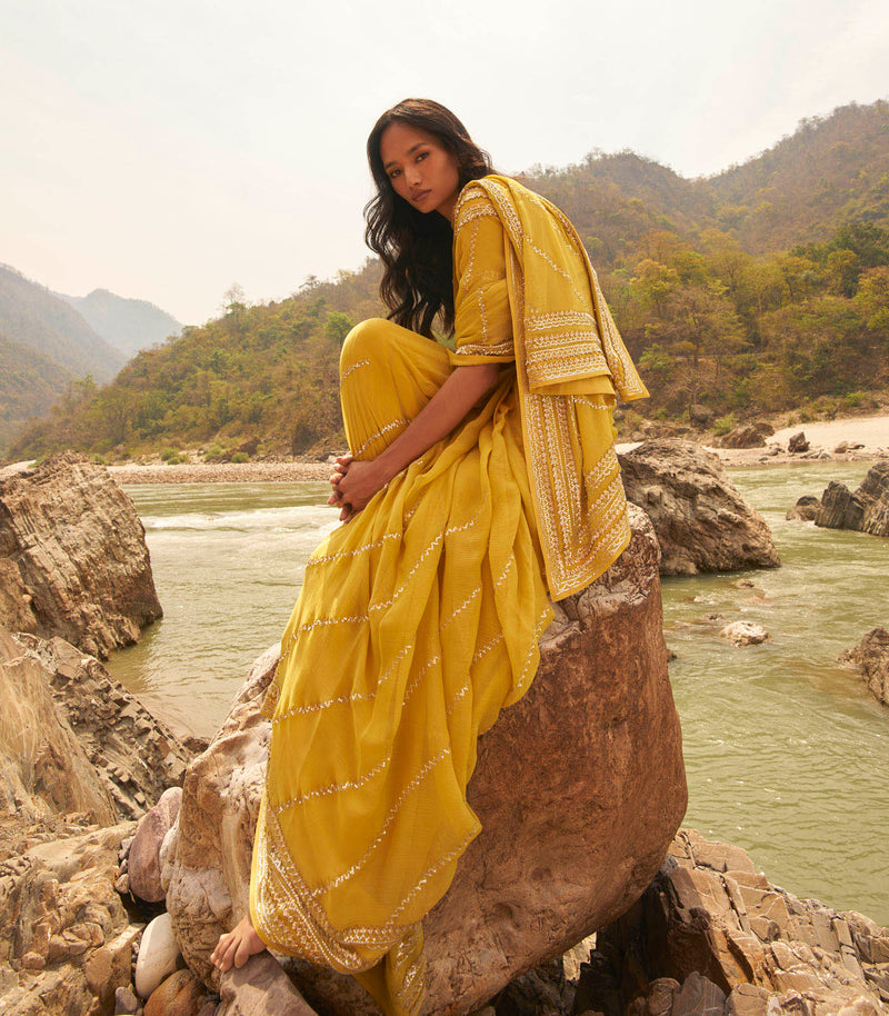 YELLOW CHIFFON SAREE