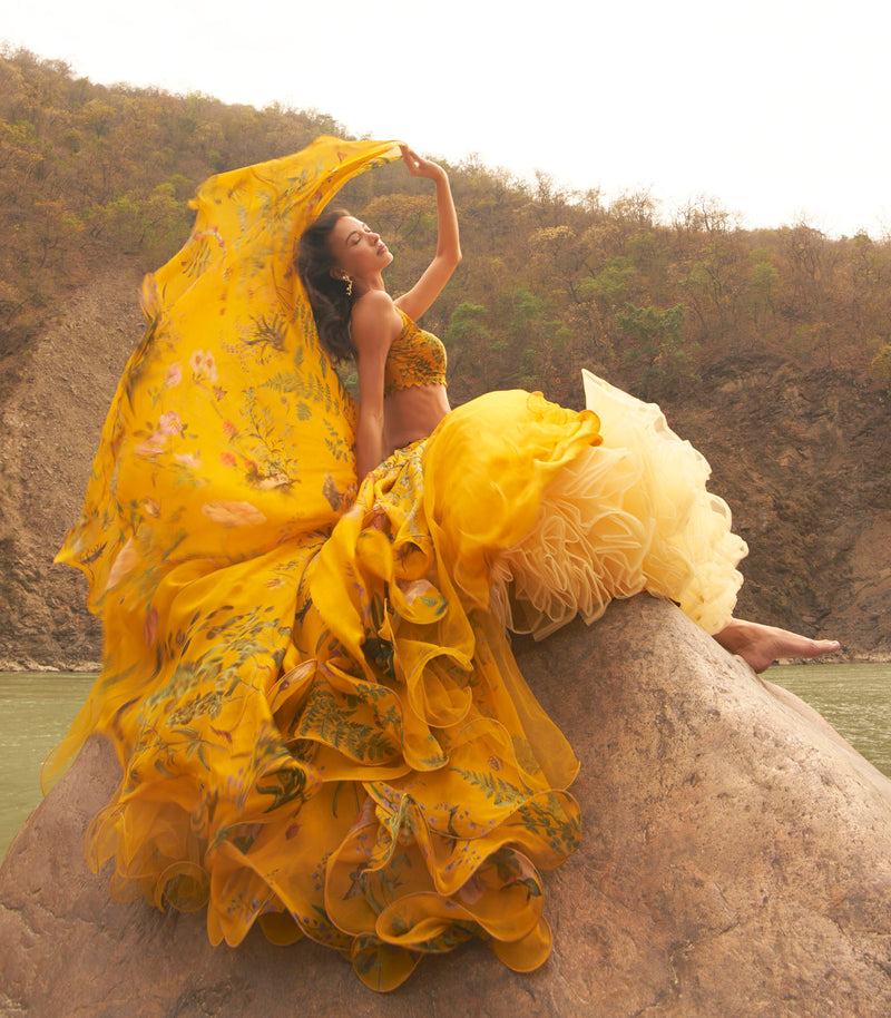 YELLOW PRINTED LEHENGA CAPE SET