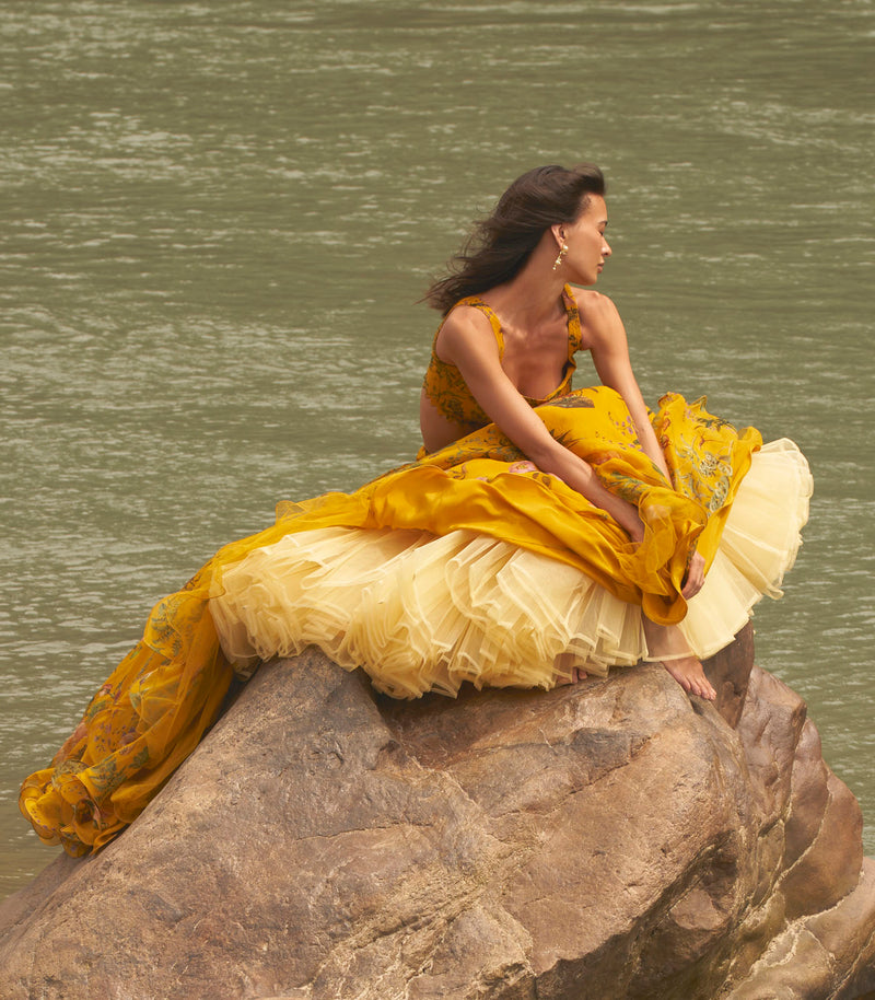 YELLOW PRINTED LEHENGA CAPE SET