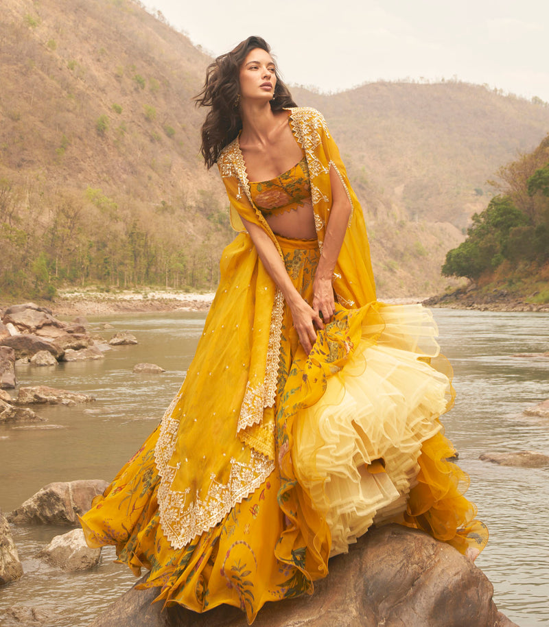 YELLOW PRINTED LEHENGA CAPE SET