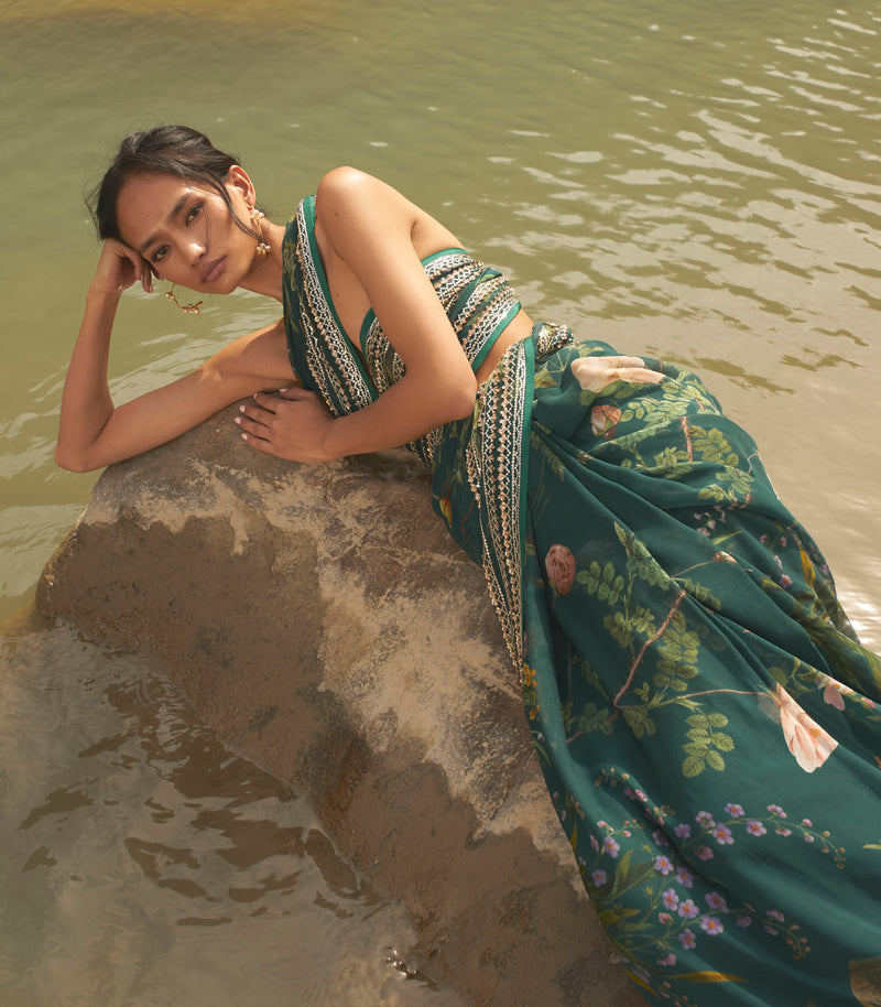 DARK GREEN PRINTED SAREE SET