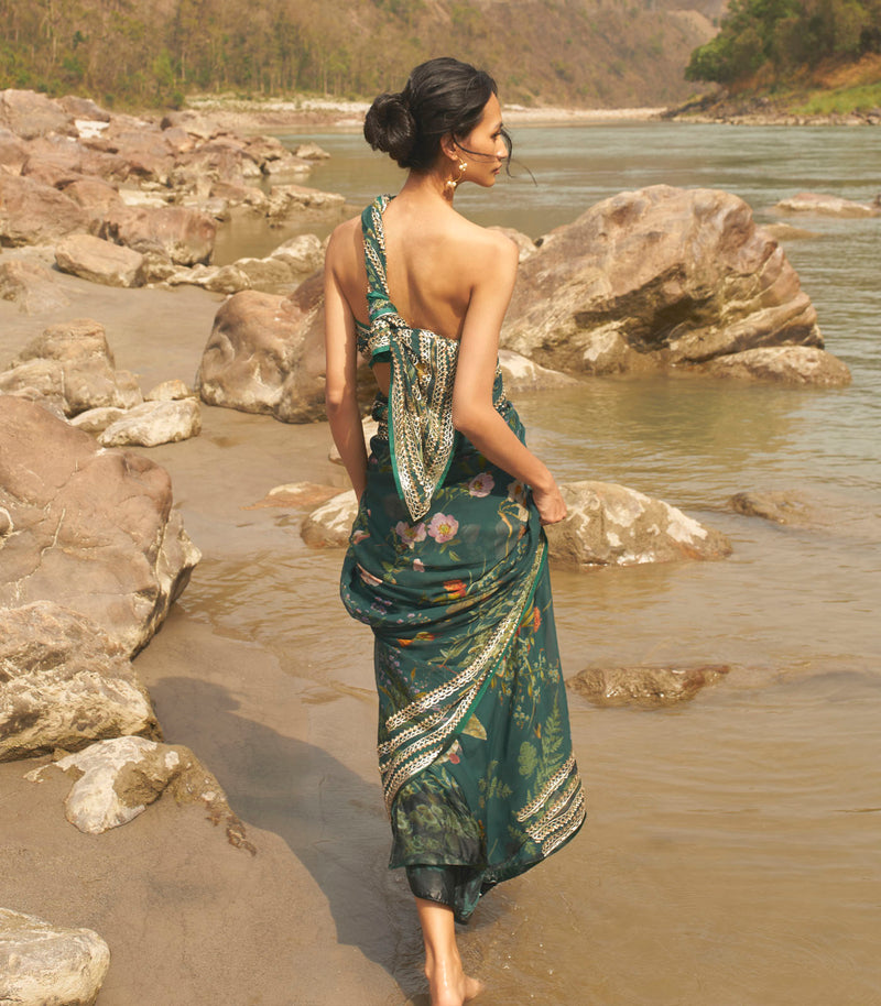 DARK GREEN PRINTED SAREE SET