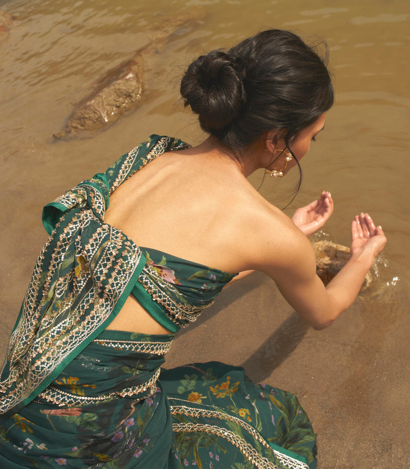 DARK GREEN PRINTED SAREE SET