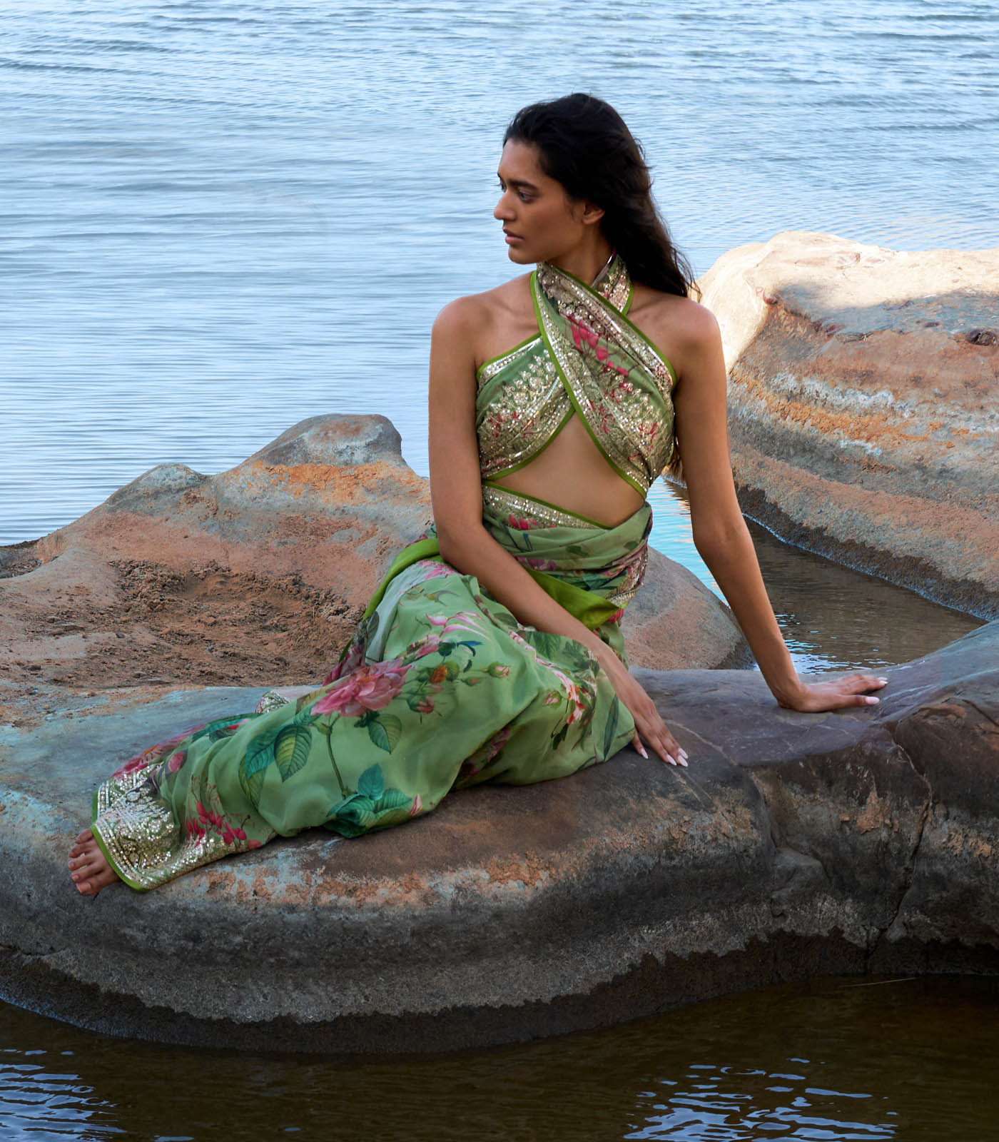 GREEN RUH PRINTED SAREE SET