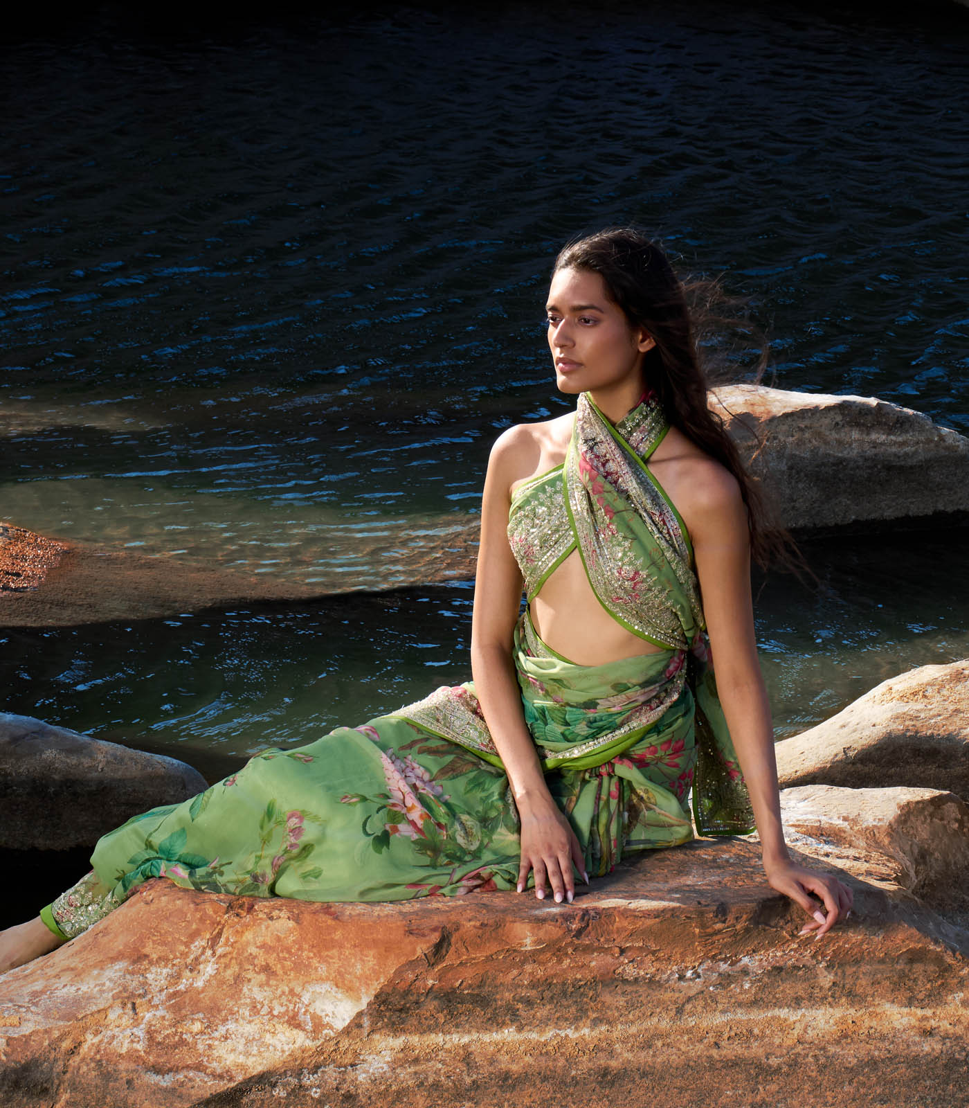 GREEN RUH PRINTED SAREE SET