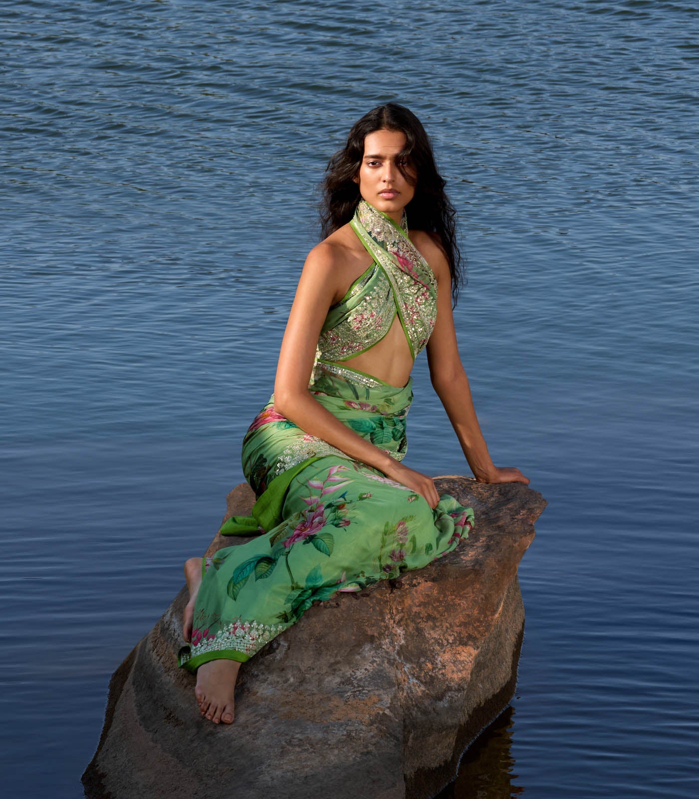 GREEN RUH PRINTED SAREE SET