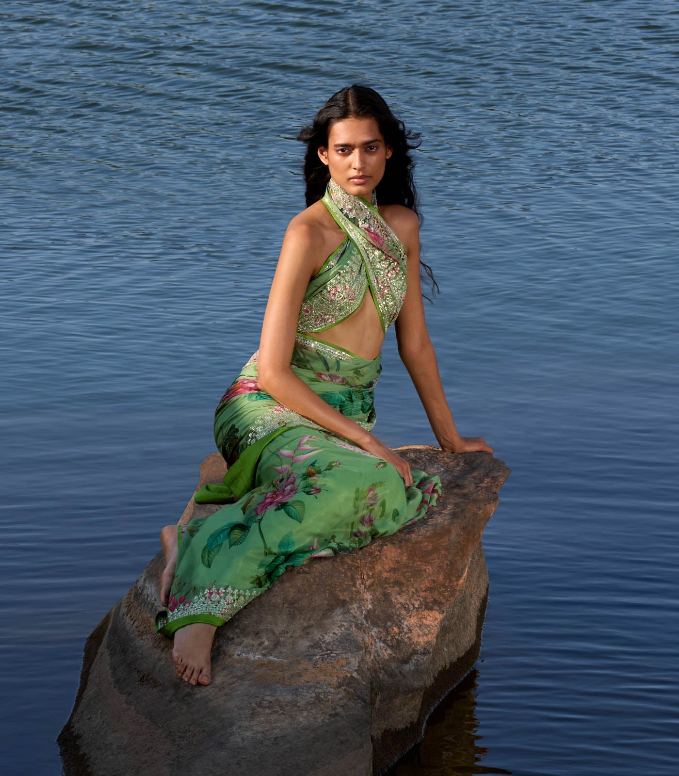GREEN RUH PRINTED SAREE SET