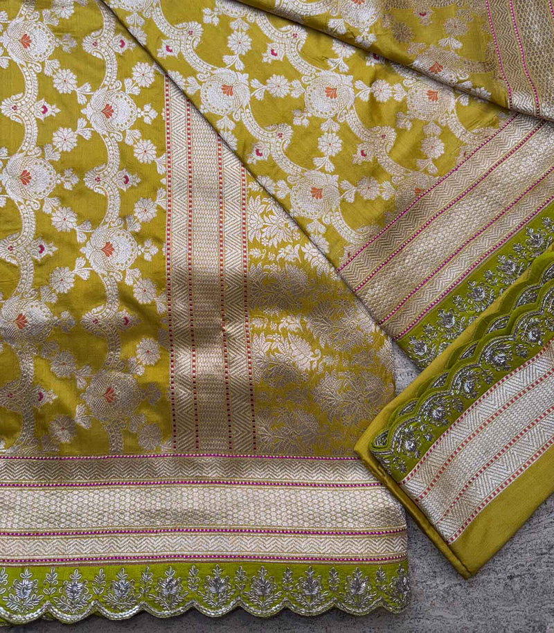 LIME YELLOW SILK BANARAS SAREE