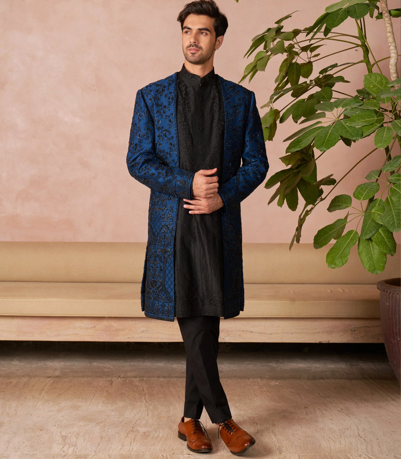 BLACK AND MIDNIGHT BLUE SHERWANI SET
