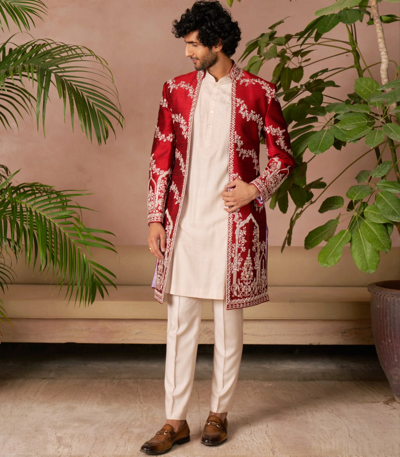 CHERRY RED SHERWANI SET