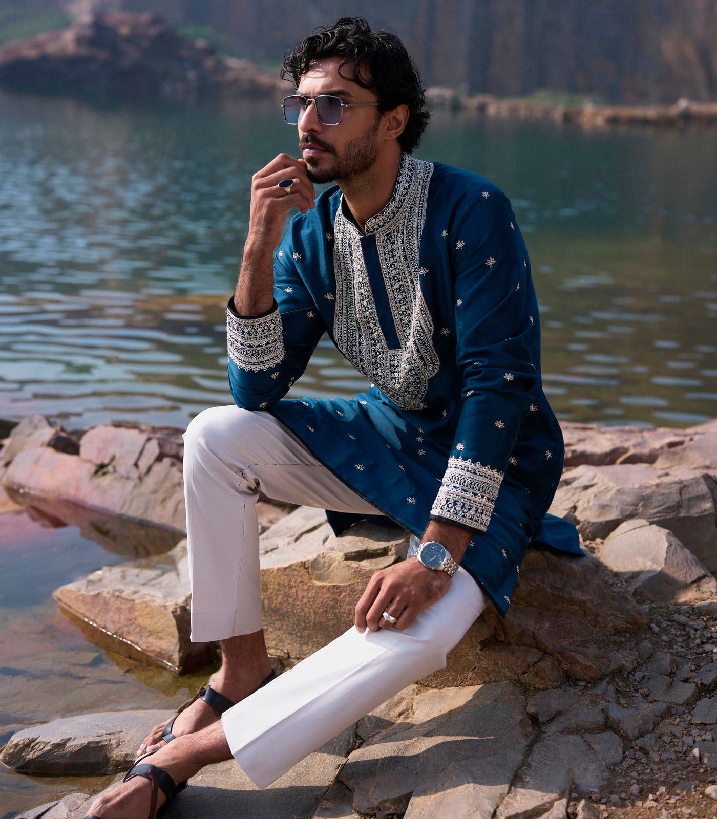 NAVY LOTUS KURTA SET