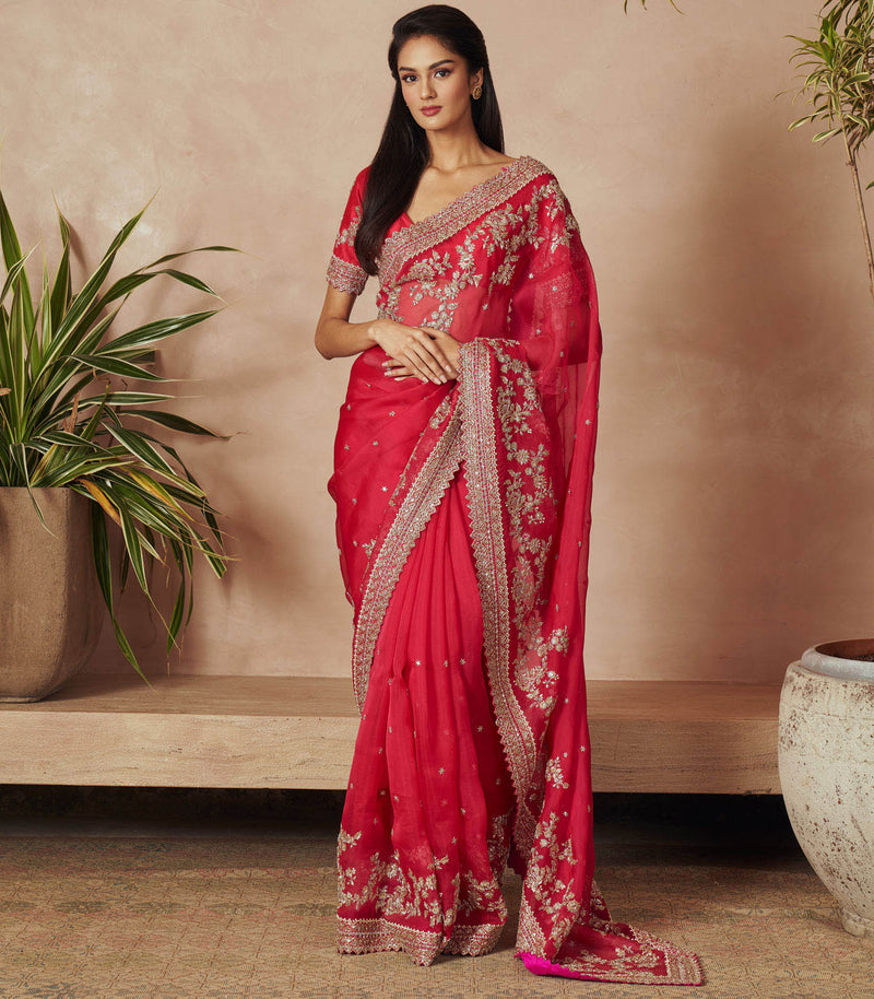 RED ORGANZA CREEPER EMBROIDERED SAREE