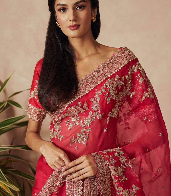 RED ORGANZA CREEPER EMBROIDERED SAREE