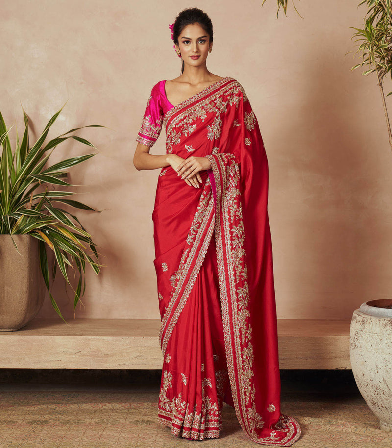 RED DUPION SILK THITHLI SAREE SET