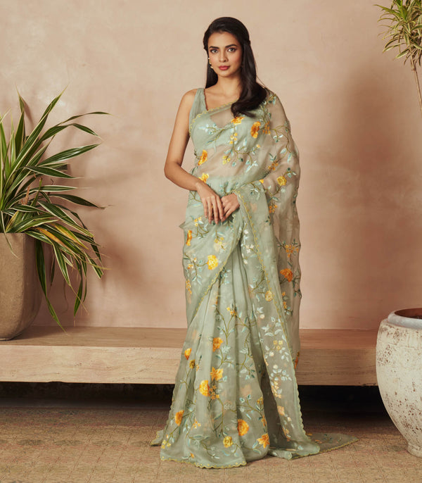 SEA BLUE ORGANZA SAREE SET