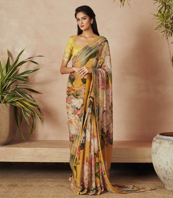 YELLOW PRINTED SAREE SET