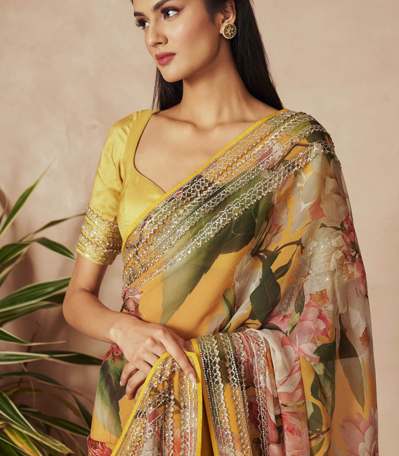 YELLOW PRINTED SAREE SET