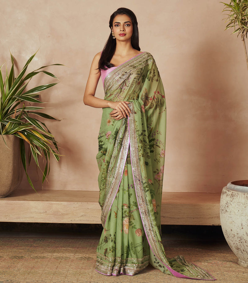 SEA GREEN PRINTED CHIFFON SAREE