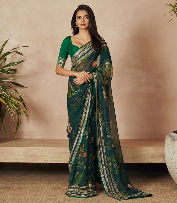 DARK GREEN PRINTED SAREE SET