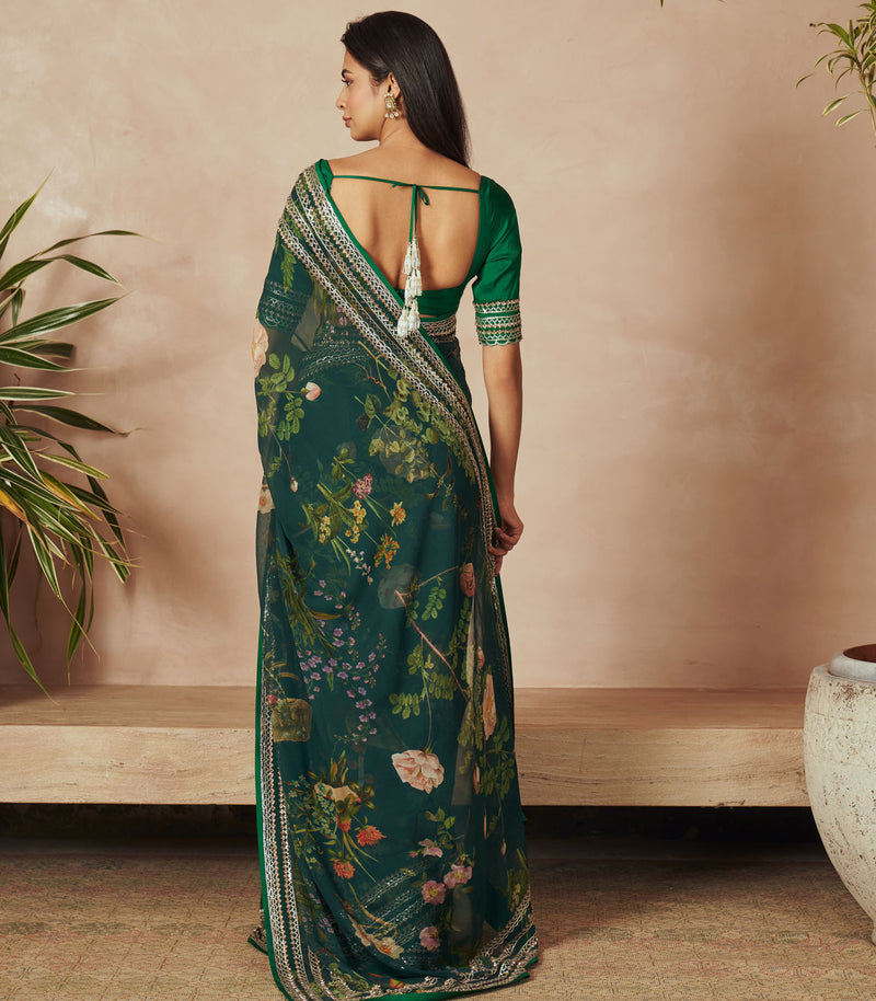 DARK GREEN PRINTED SAREE SET