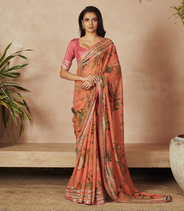 CORAL PRINTED CHIFFON SAREE SET