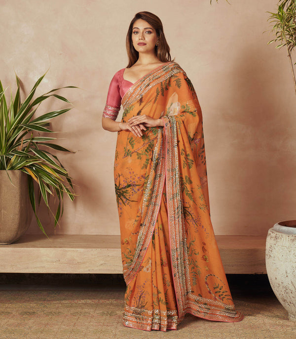 ORANGE PRINTED CHIFFON SAREE SET