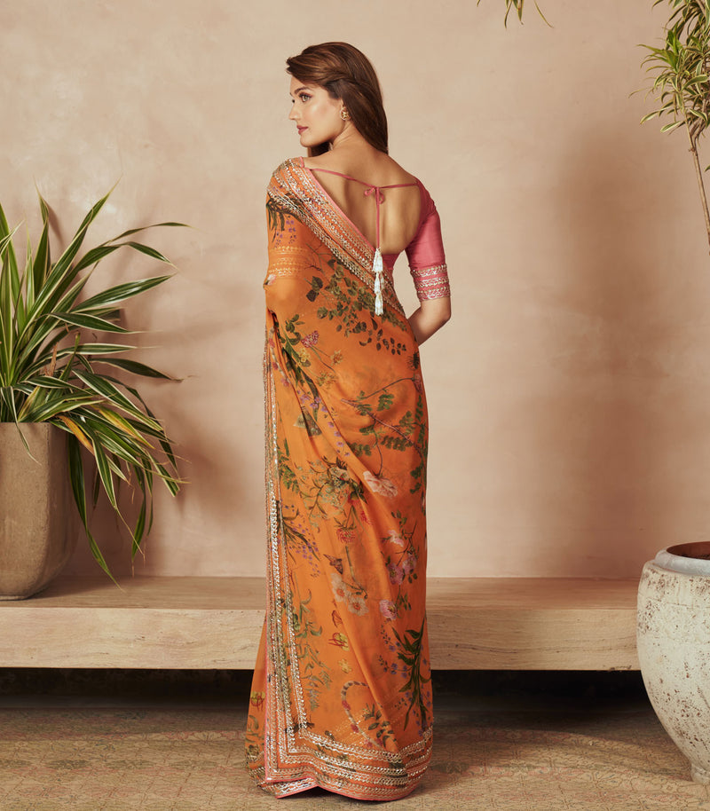 ORANGE PRINTED CHIFFON SAREE SET