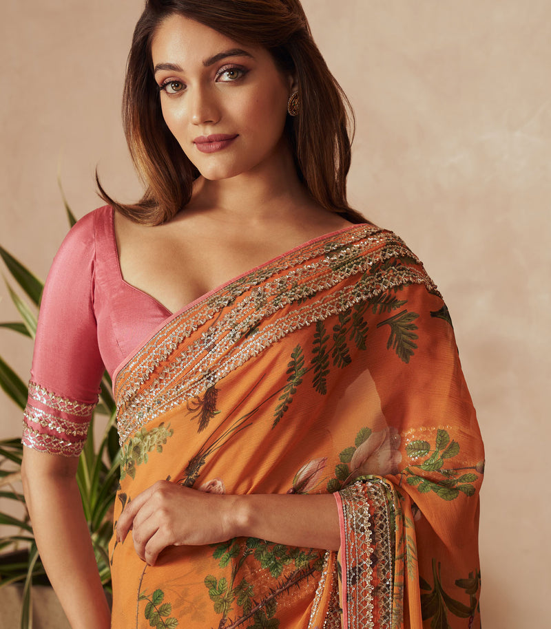 ORANGE PRINTED CHIFFON SAREE SET