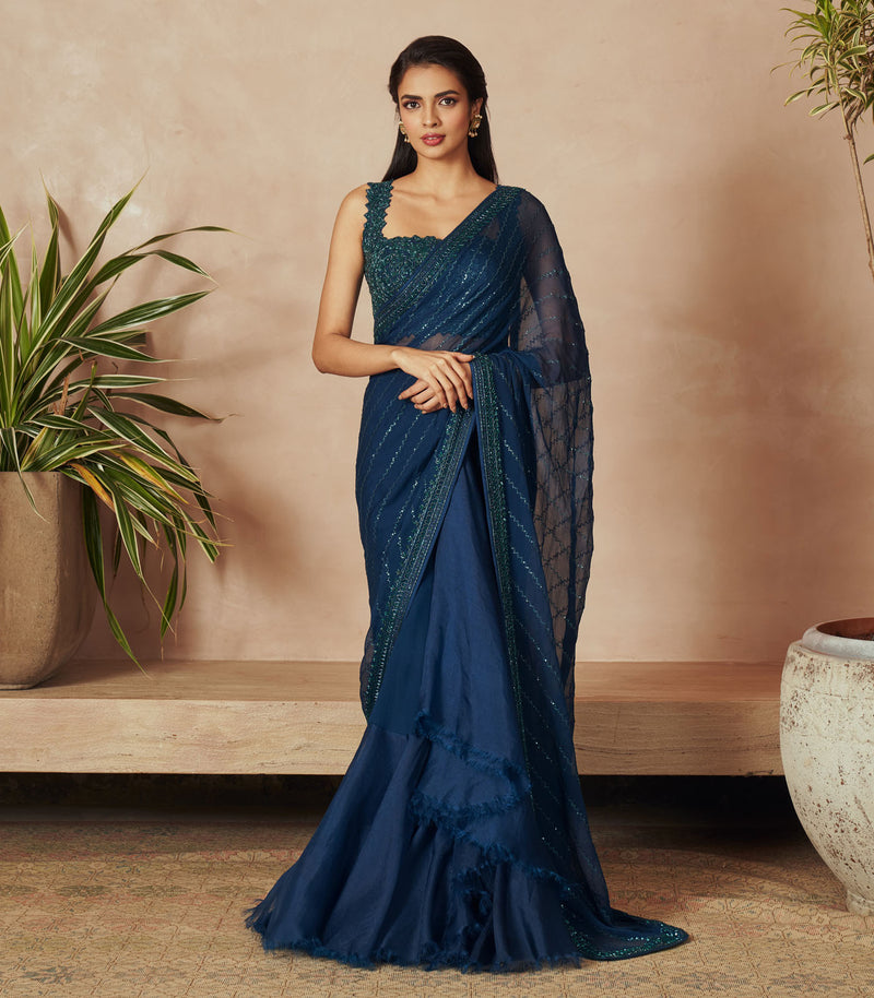 NAVY BLUE CHIFFON SAREE SET