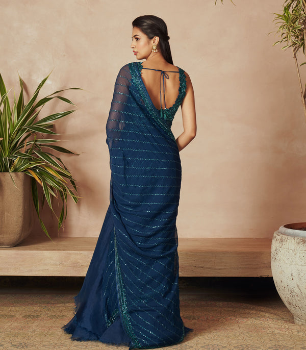 NAVY BLUE CHIFFON SAREE SET